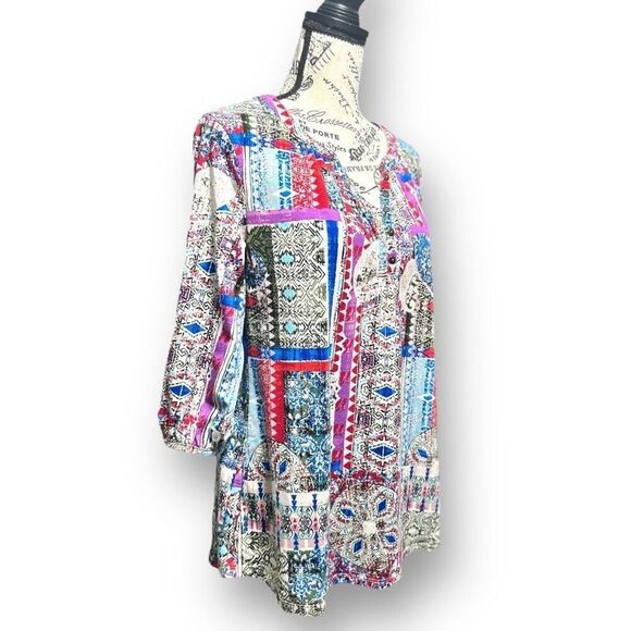 Kate Park PL Gray Cream Blue Boho Patchwork Tunic Top Artsy Retro Festival Chic - Picture 2 of 12